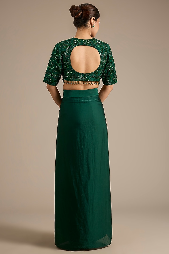 Emerald Green Satin Tulle Draped Skirt Set by ASAGA at Pernia's Pop Up Shop