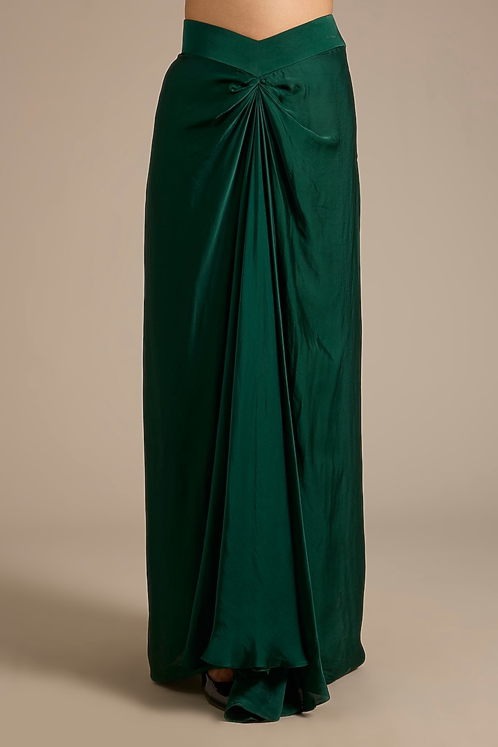 Emerald Green Satin Tulle Draped Skirt Set by ASAGA at Pernia's Pop Up Shop
