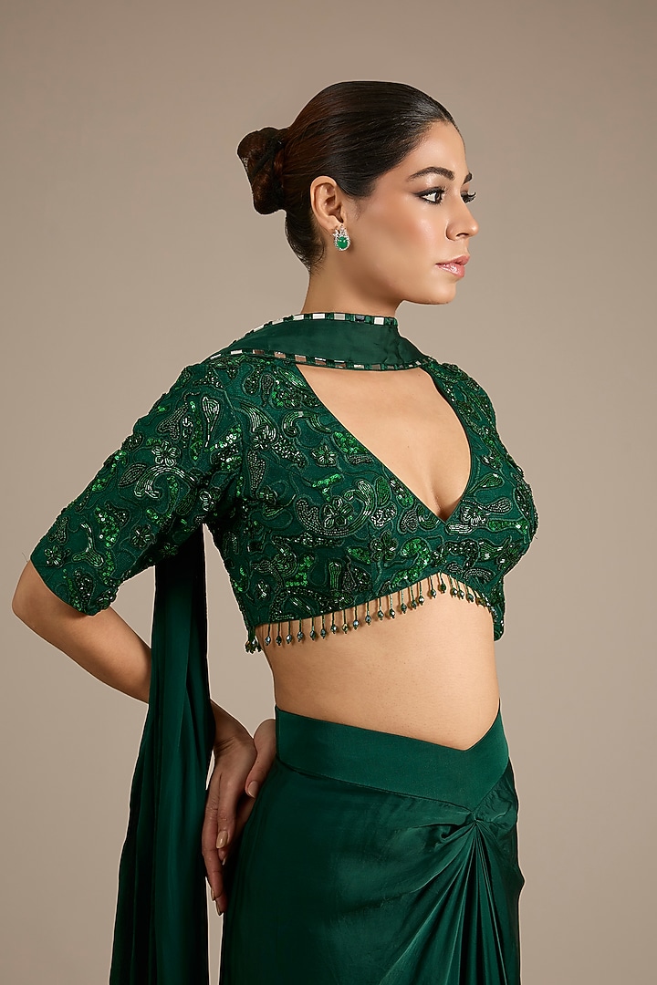 Emerald Green Satin Tulle Draped Skirt Set by ASAGA at Pernia's Pop Up Shop