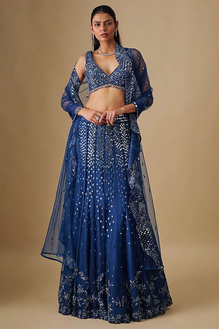 Electric Blue Satin Organza Hand & Machine Embroidered Bridal Lehenga Set by ASAGA at Pernia's Pop Up Shop
