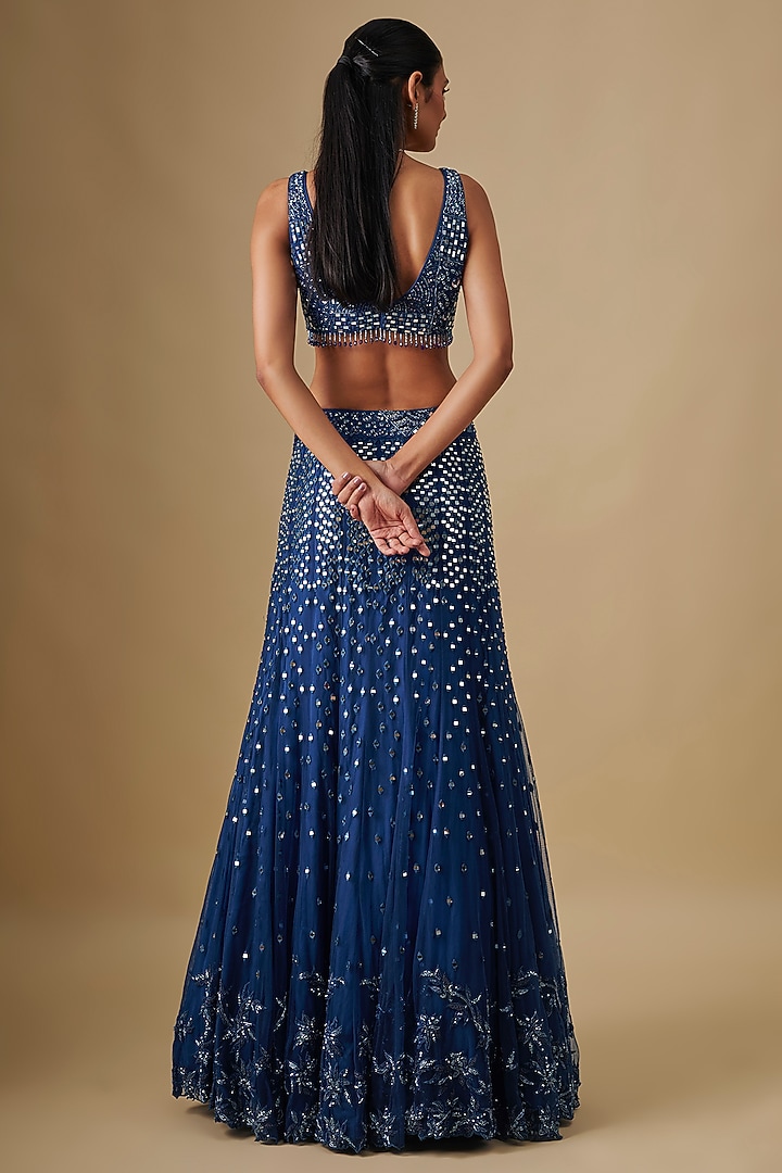 Electric Blue Satin Organza Hand & Machine Embroidered Bridal Lehenga Set by ASAGA at Pernia's Pop Up Shop