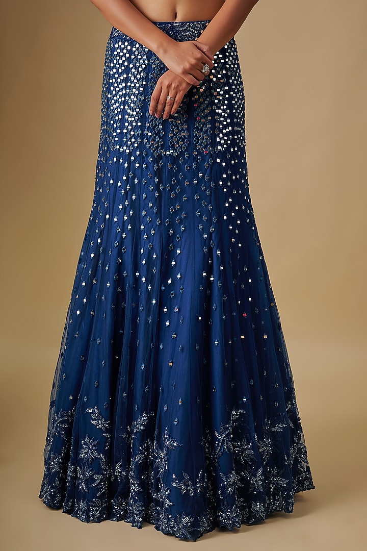 Electric Blue Satin Organza Hand & Machine Embroidered Bridal Lehenga Set by ASAGA at Pernia's Pop Up Shop
