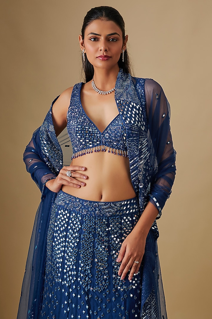 Electric Blue Satin Organza Hand & Machine Embroidered Bridal Lehenga Set by ASAGA at Pernia's Pop Up Shop