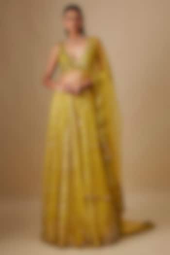 Yellow Satin Organza Hand & Machine Embroidered Bridal Lehenga Set by ASAGA at Pernia's Pop Up Shop