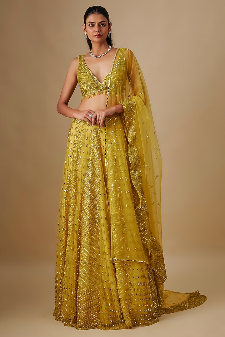 Yellow Satin Organza Hand & Machine Embroidered Bridal Lehenga Set by ASAGA at Pernia's Pop Up Shop