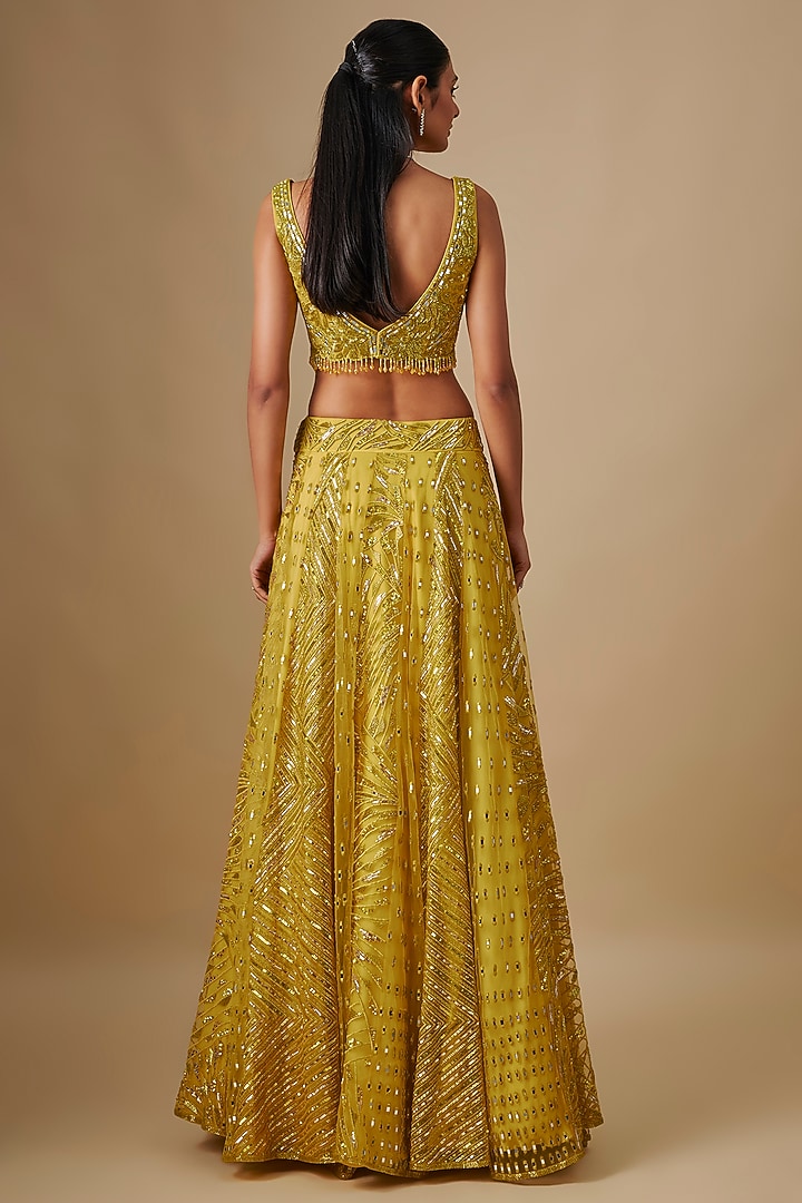 Yellow Satin Organza Hand & Machine Embroidered Bridal Lehenga Set by ASAGA at Pernia's Pop Up Shop