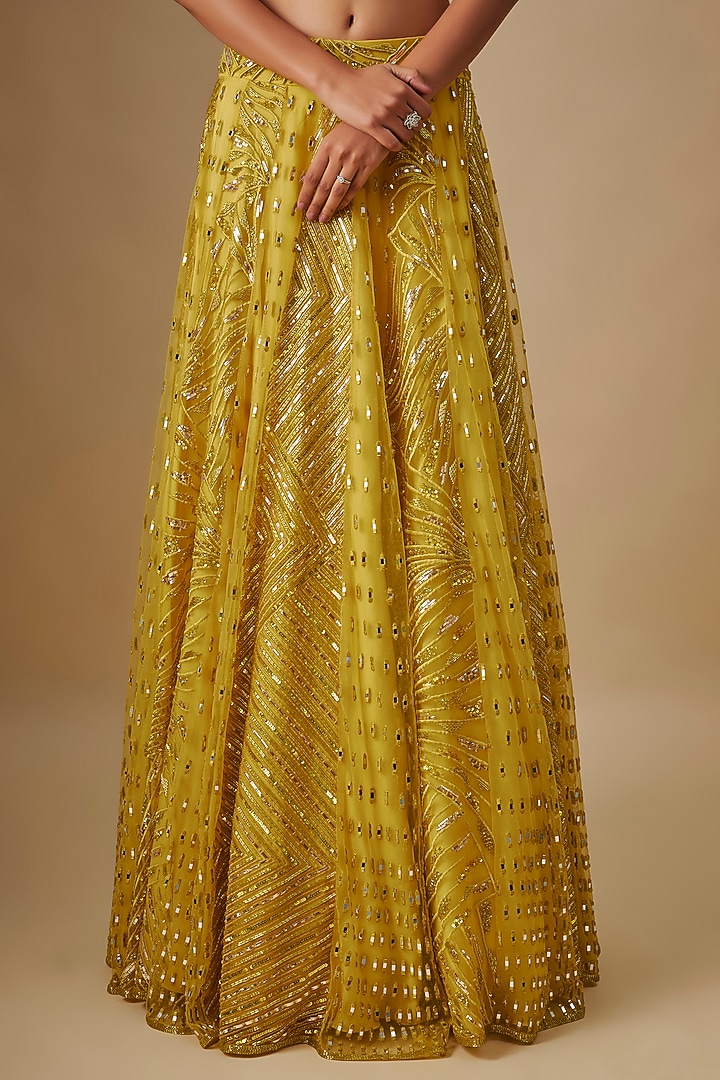 Yellow Satin Organza Hand & Machine Embroidered Bridal Lehenga Set by ASAGA at Pernia's Pop Up Shop