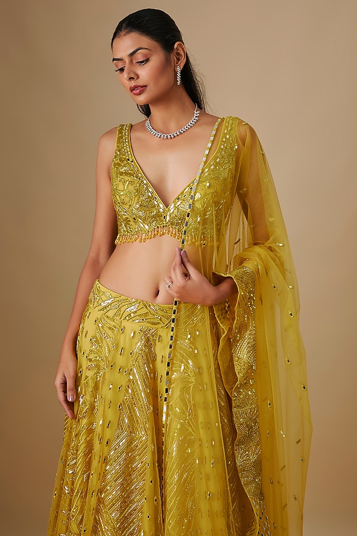 Yellow Satin Organza Hand & Machine Embroidered Bridal Lehenga Set by ASAGA at Pernia's Pop Up Shop