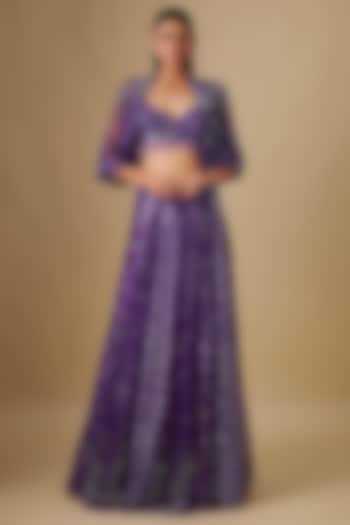 Purple Satin Organza Hand & Machine Embroidered Jacket Bridal Lehenga Set by ASAGA at Pernia's Pop Up Shop