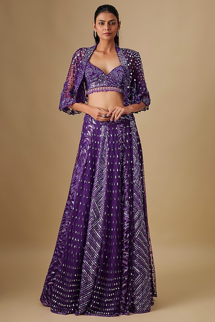 Purple Satin Organza Hand & Machine Embroidered Jacket Bridal Lehenga Set by ASAGA at Pernia's Pop Up Shop