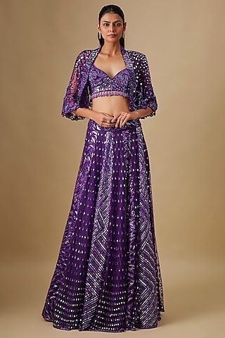 Purple Satin Organza Hand & Machine Embroidered Jacket Lehenga Set by ASAGA