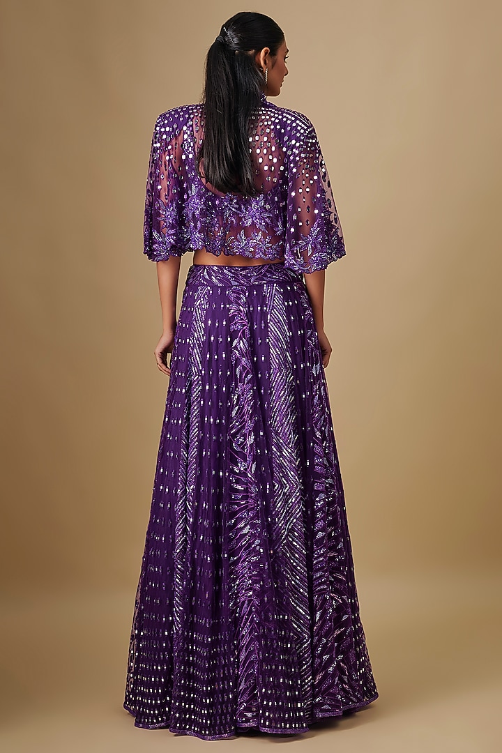 Purple Satin Organza Hand & Machine Embroidered Jacket Bridal Lehenga Set by ASAGA at Pernia's Pop Up Shop