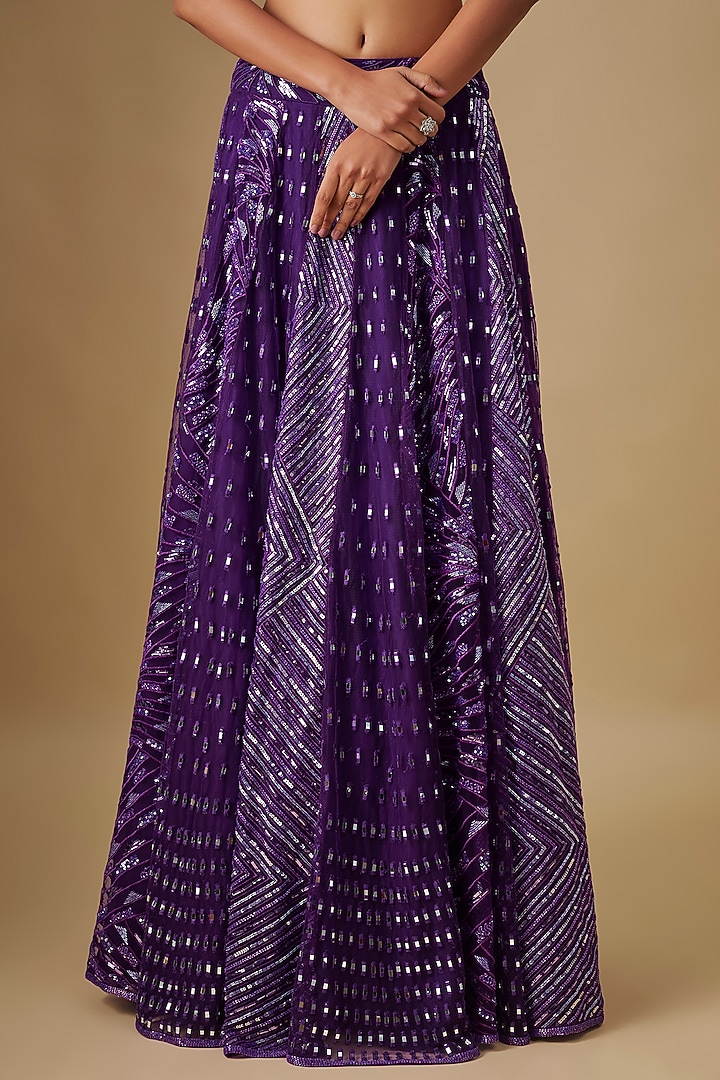 Purple Satin Organza Hand & Machine Embroidered Jacket Bridal Lehenga Set by ASAGA at Pernia's Pop Up Shop