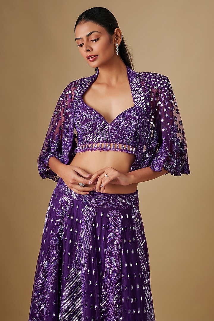 Purple Satin Organza Hand & Machine Embroidered Jacket Bridal Lehenga Set by ASAGA at Pernia's Pop Up Shop
