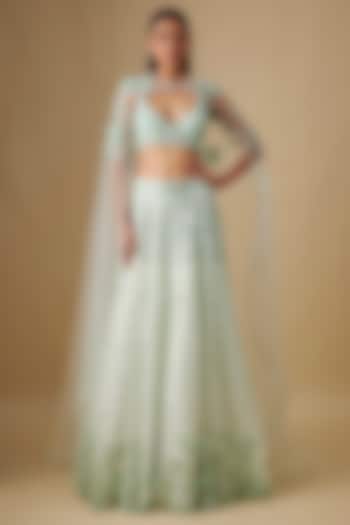 Mint Satin Organza Hand & Machine Embroidered Bridal Lehenga Set by ASAGA at Pernia's Pop Up Shop