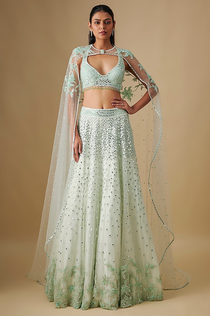 Mint Satin Organza Hand & Machine Embroidered Bridal Lehenga Set by ASAGA at Pernia's Pop Up Shop