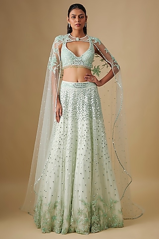 Mint Satin Organza Hand & Machine Embroidered Lehenga Set by ASAGA