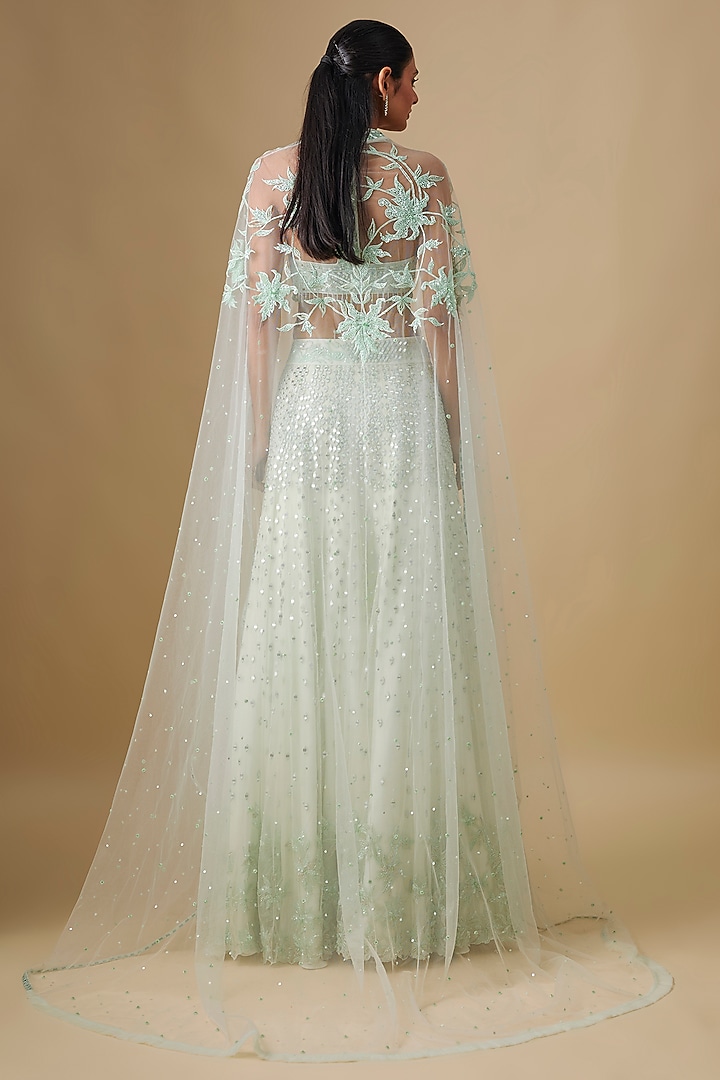 Mint Satin Organza Hand & Machine Embroidered Bridal Lehenga Set by ASAGA at Pernia's Pop Up Shop