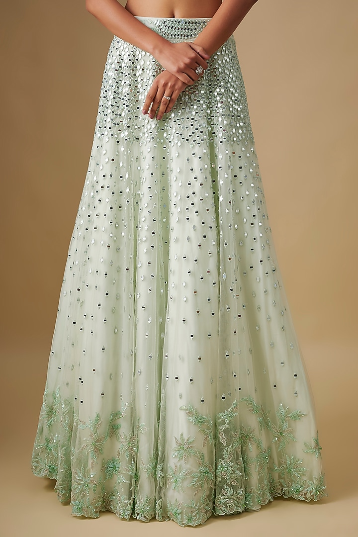 Mint Satin Organza Hand & Machine Embroidered Bridal Lehenga Set by ASAGA at Pernia's Pop Up Shop