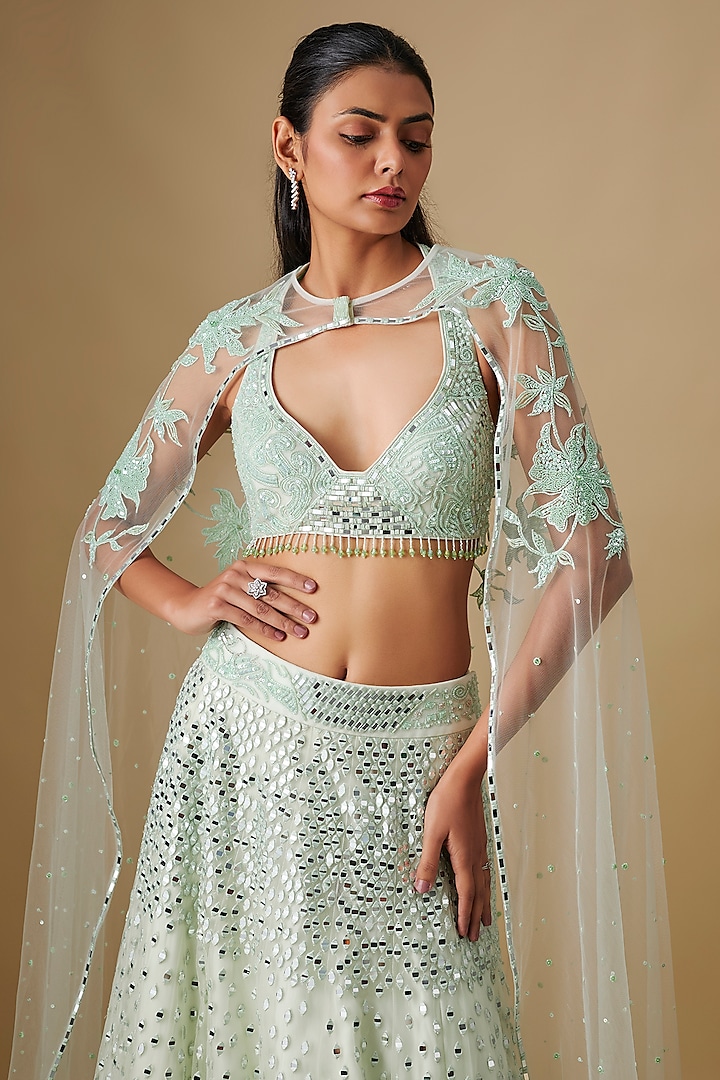 Mint Satin Organza Hand & Machine Embroidered Bridal Lehenga Set by ASAGA at Pernia's Pop Up Shop