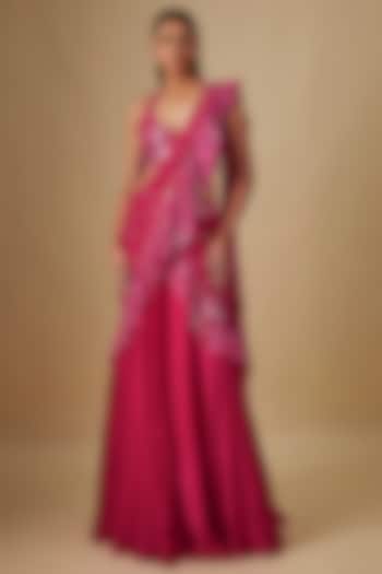 Fuchsia Satin & Chiffon Hand Embroidered Draped Reception Saree Set by ASAGA at Pernia's Pop Up Shop