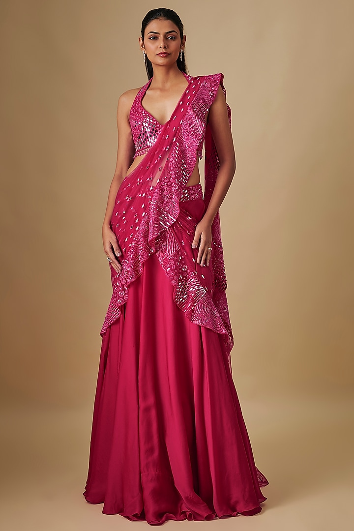 Fuchsia Satin & Chiffon Hand Embroidered Draped Reception Saree Set by ASAGA at Pernia's Pop Up Shop