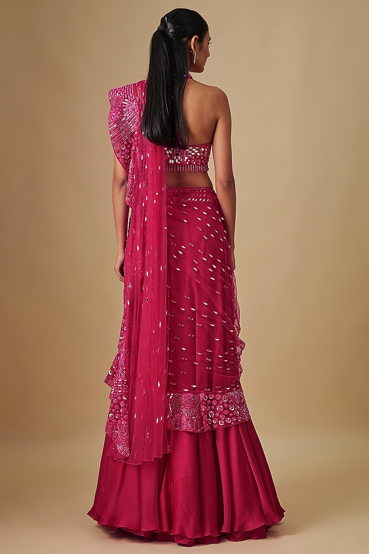 Fuchsia Satin & Chiffon Hand Embroidered Draped Reception Saree Set by ASAGA at Pernia's Pop Up Shop