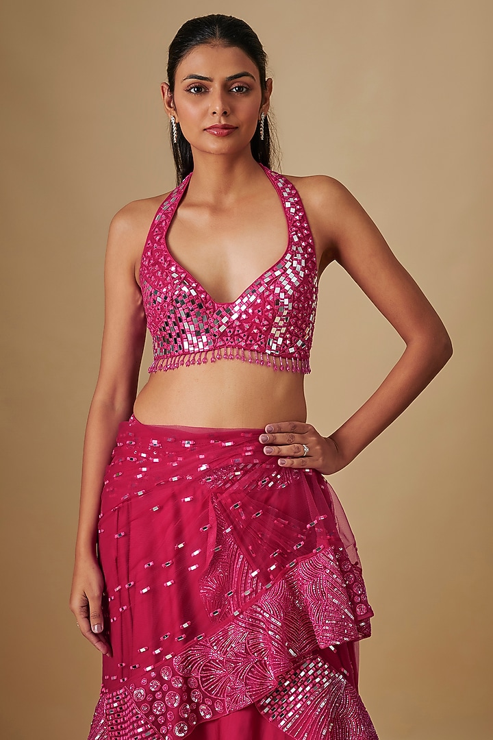 Fuchsia Satin & Chiffon Hand Embroidered Draped Reception Saree Set by ASAGA at Pernia's Pop Up Shop