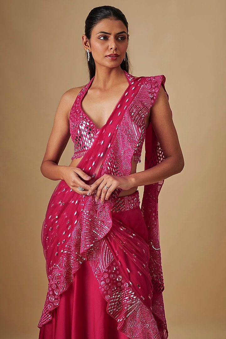 Fuchsia Satin & Chiffon Hand Embroidered Draped Reception Saree Set by ASAGA at Pernia's Pop Up Shop