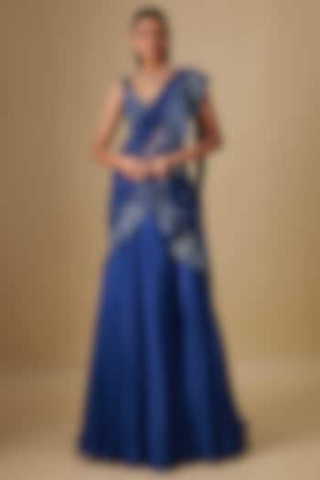 Electric Blue Satin & Chiffon Hand Embroidered Draped Reception Saree Set by ASAGA at Pernia's Pop Up Shop