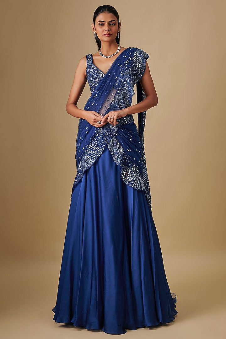Electric Blue Satin & Chiffon Hand Embroidered Draped Reception Saree Set by ASAGA at Pernia's Pop Up Shop