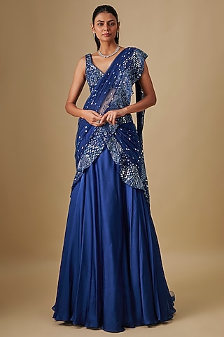 Electric Blue Satin & Chiffon Hand Embroidered Draped Saree Set by ASAGA