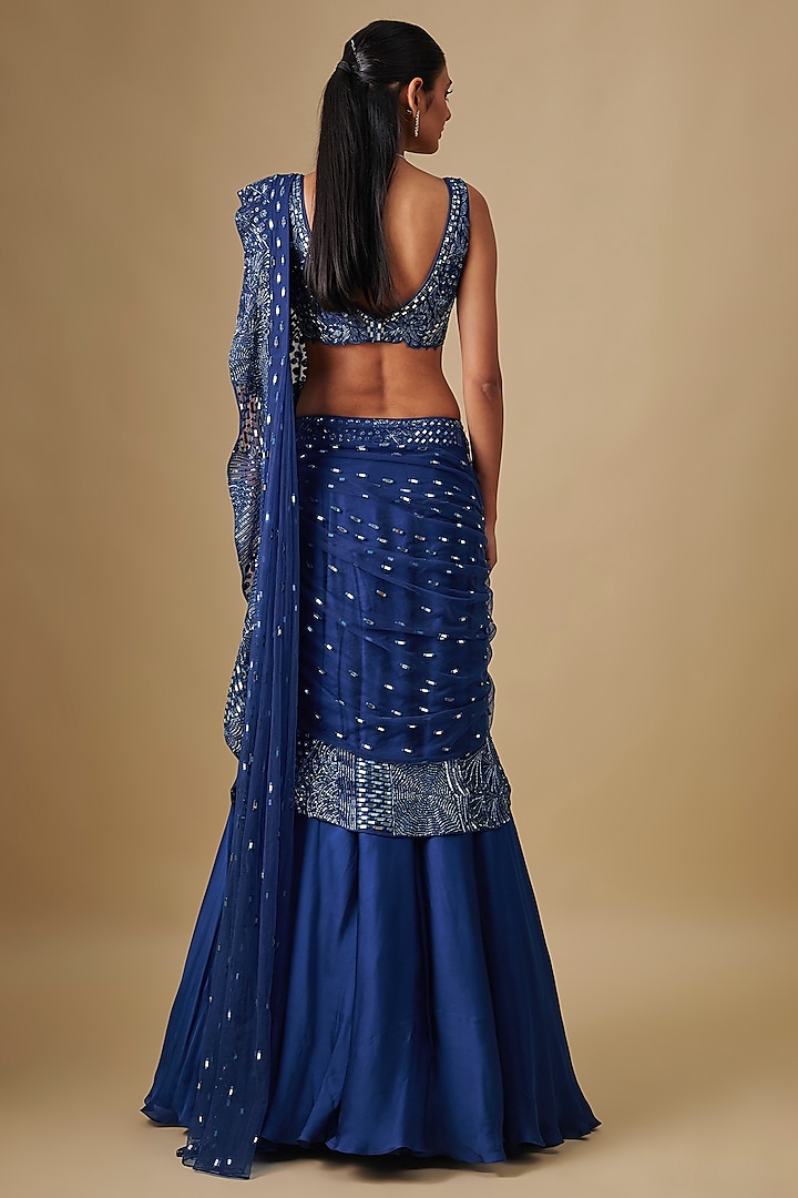 Electric Blue Satin & Chiffon Hand Embroidered Draped Reception Saree Set by ASAGA at Pernia's Pop Up Shop