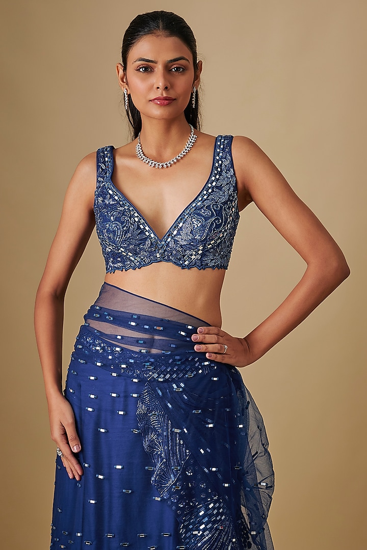 Electric Blue Satin & Chiffon Hand Embroidered Draped Reception Saree Set by ASAGA at Pernia's Pop Up Shop