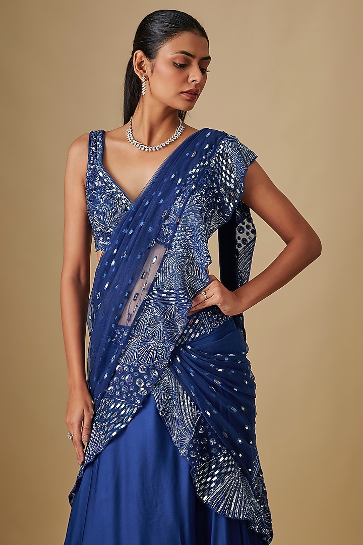 Electric Blue Satin & Chiffon Hand Embroidered Draped Reception Saree Set by ASAGA at Pernia's Pop Up Shop