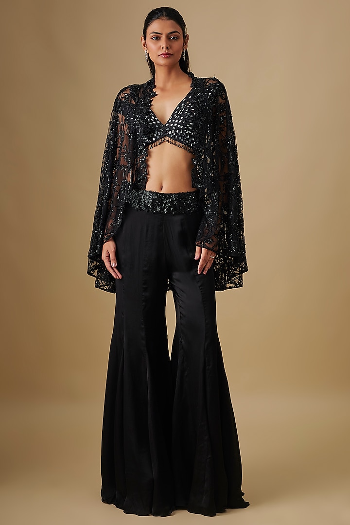 Black Satin Organza & Chinon Wedding Sharara Set by ASAGA at Pernia's Pop Up Shop