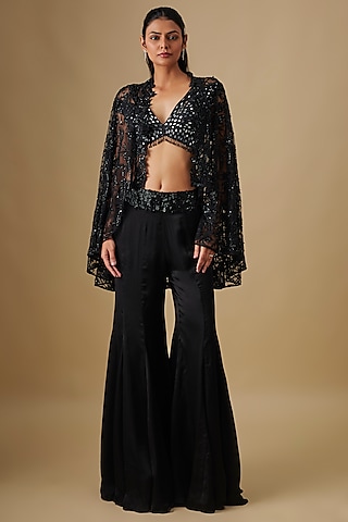 Black Satin Organza & Chinon Sharara Set by ASAGA