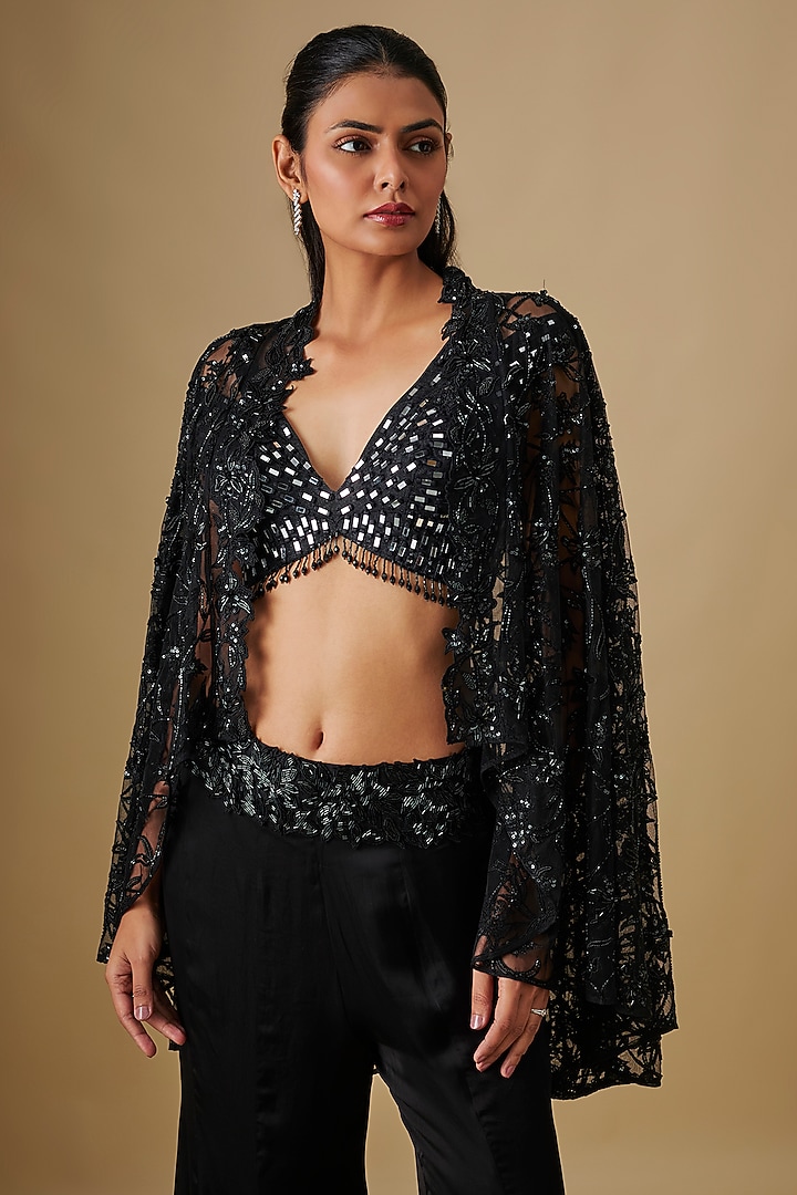 Black Satin Organza & Chinon Wedding Sharara Set by ASAGA at Pernia's Pop Up Shop