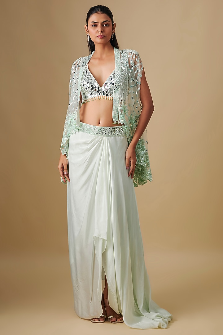 Mint Satin Organza Mirror Hand & Machine Embroidered Cape Set by ASAGA at Pernia's Pop Up Shop
