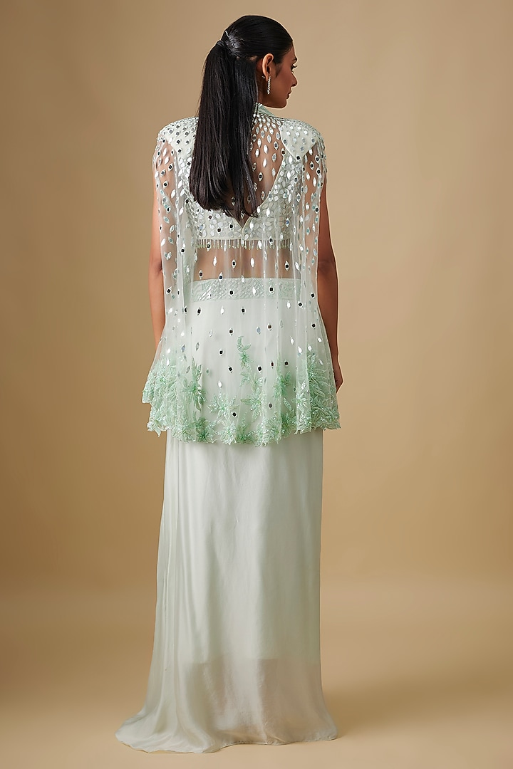 Mint Satin Organza Mirror Hand & Machine Embroidered Cape Set by ASAGA at Pernia's Pop Up Shop