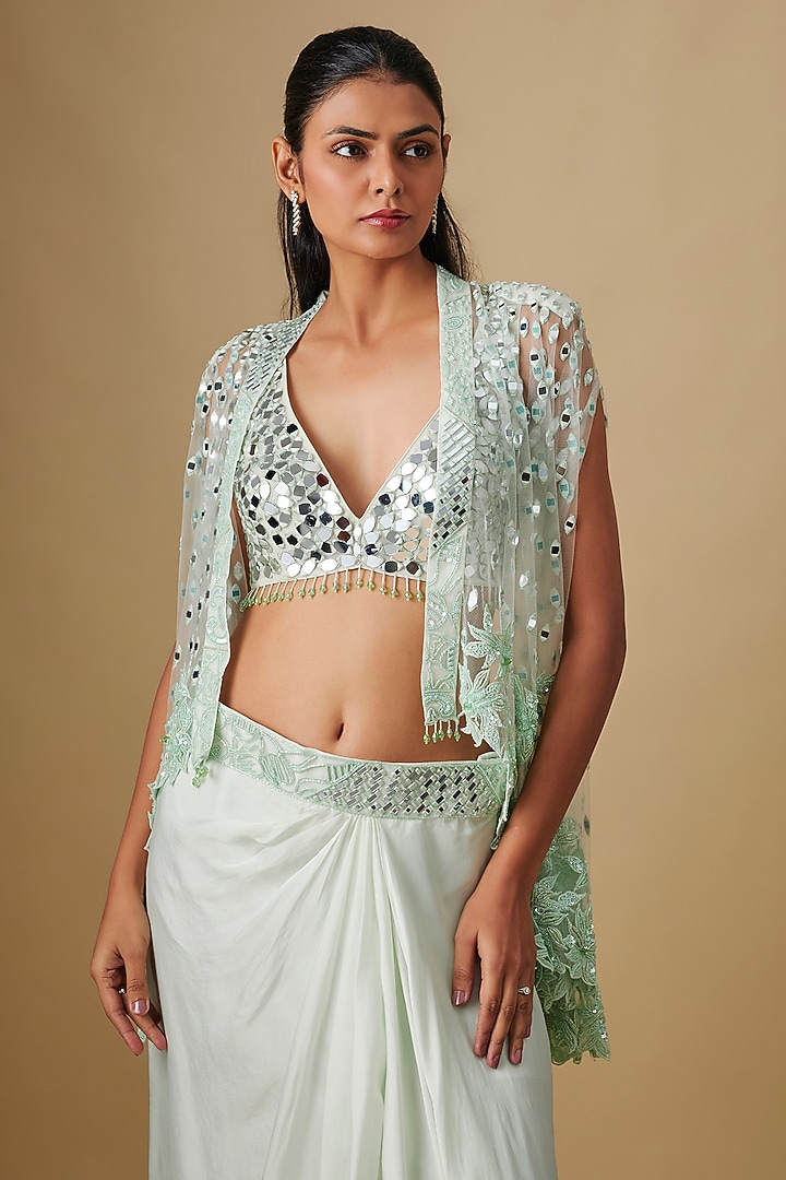 Mint Satin Organza Mirror Hand & Machine Embroidered Cape Set by ASAGA at Pernia's Pop Up Shop
