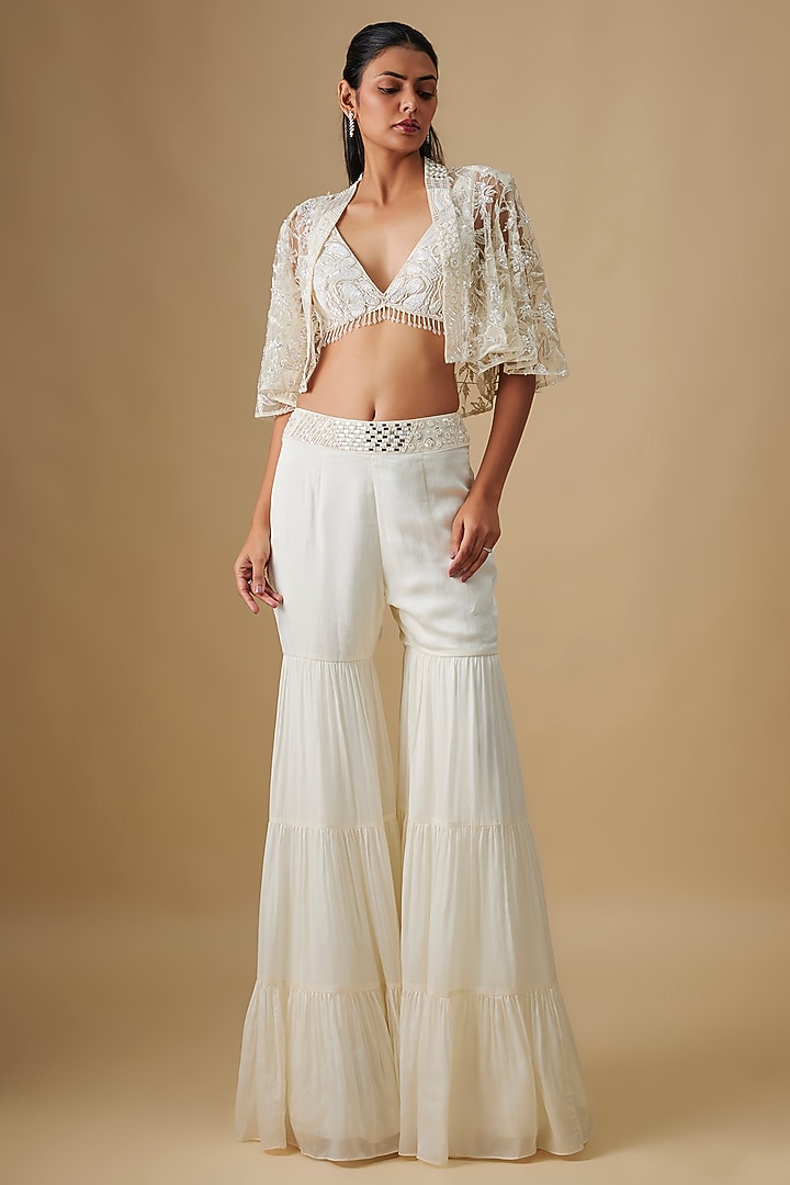 Ivory Satin Organza & Chinon Wedding Sharara Set by ASAGA at Pernia's Pop Up Shop
