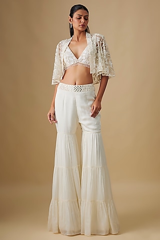 Ivory Satin Organza & Chinon Sharara Set by ASAGA