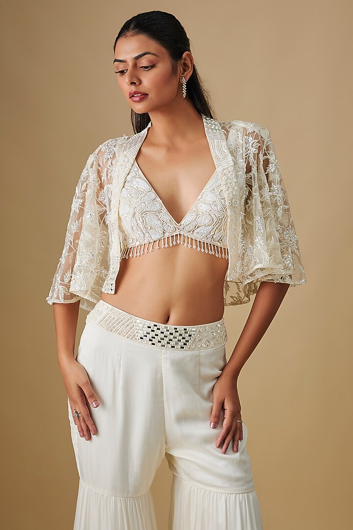 Ivory Satin Organza & Chinon Wedding Sharara Set by ASAGA at Pernia's Pop Up Shop