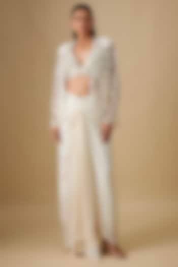 Ivory Satin Organza Mirror Hand & Machine Embroidered Cape Set by ASAGA at Pernia's Pop Up Shop