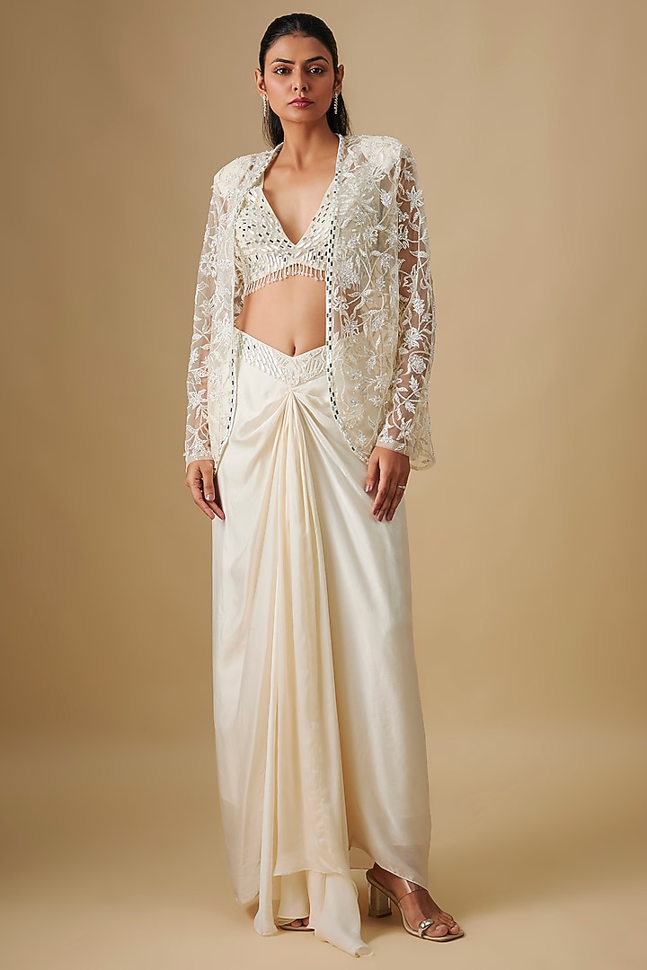 Ivory Satin Organza Mirror Hand & Machine Embroidered Cape Set by ASAGA at Pernia's Pop Up Shop