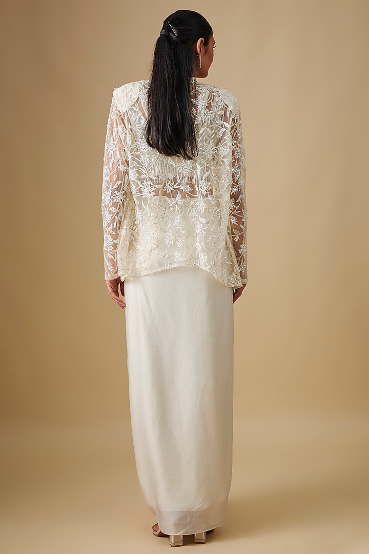 Ivory Satin Organza Mirror Hand & Machine Embroidered Cape Set by ASAGA at Pernia's Pop Up Shop