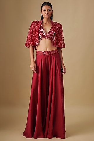 Red Satin Organza & Chinon Sharara Set by ASAGA