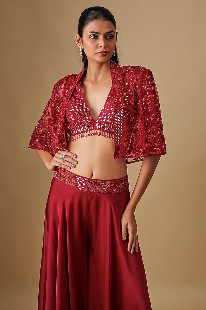 Red Satin Organza & Chinon Wedding Sharara Set by ASAGA at Pernia's Pop Up Shop
