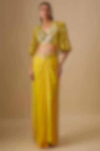 Yellow Satin Organza Mirror Hand & Machine Embroidered Cape Set by ASAGA at Pernia's Pop Up Shop